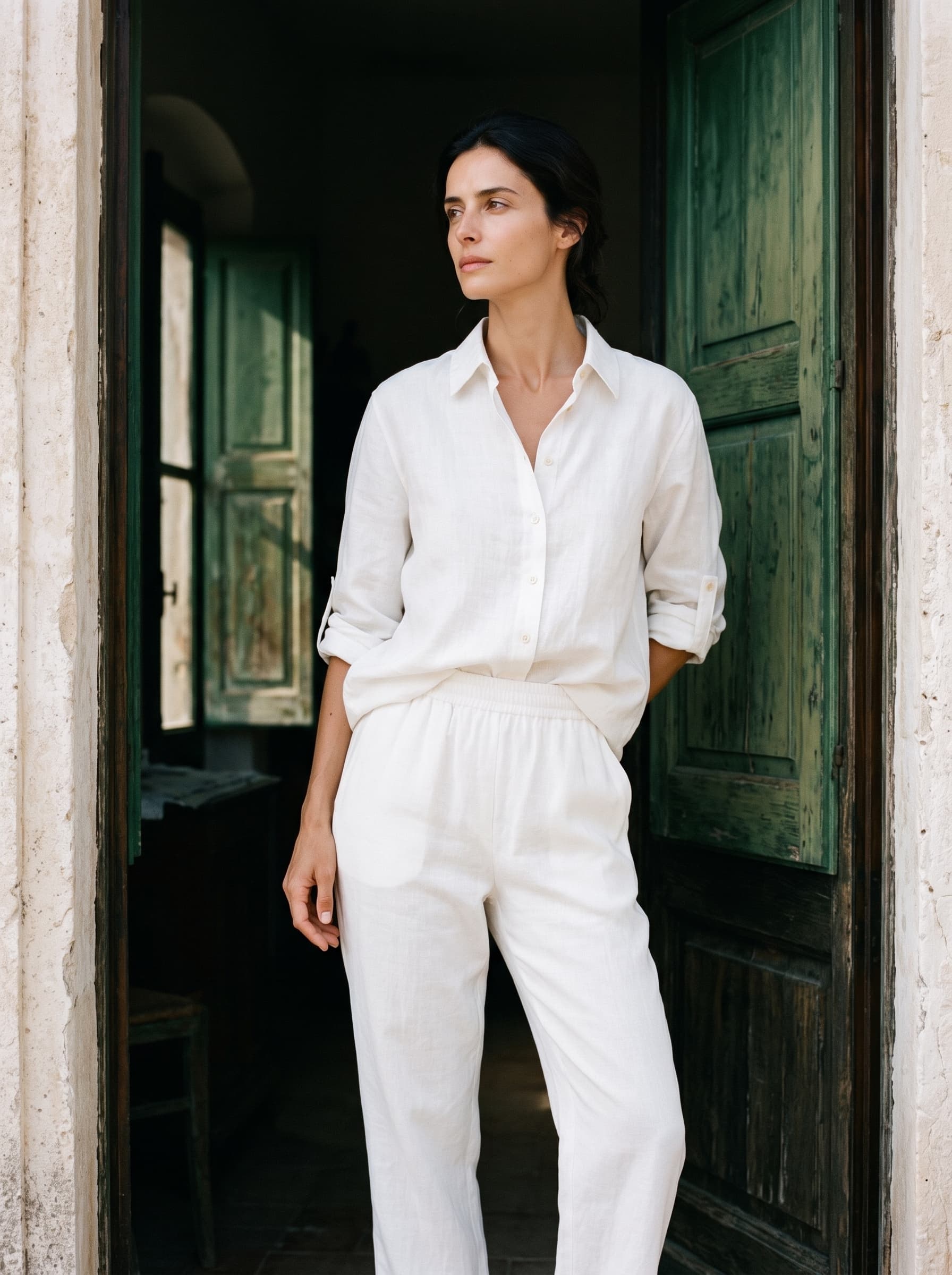 Donna con completo bianco in lino, camicia e pantalone