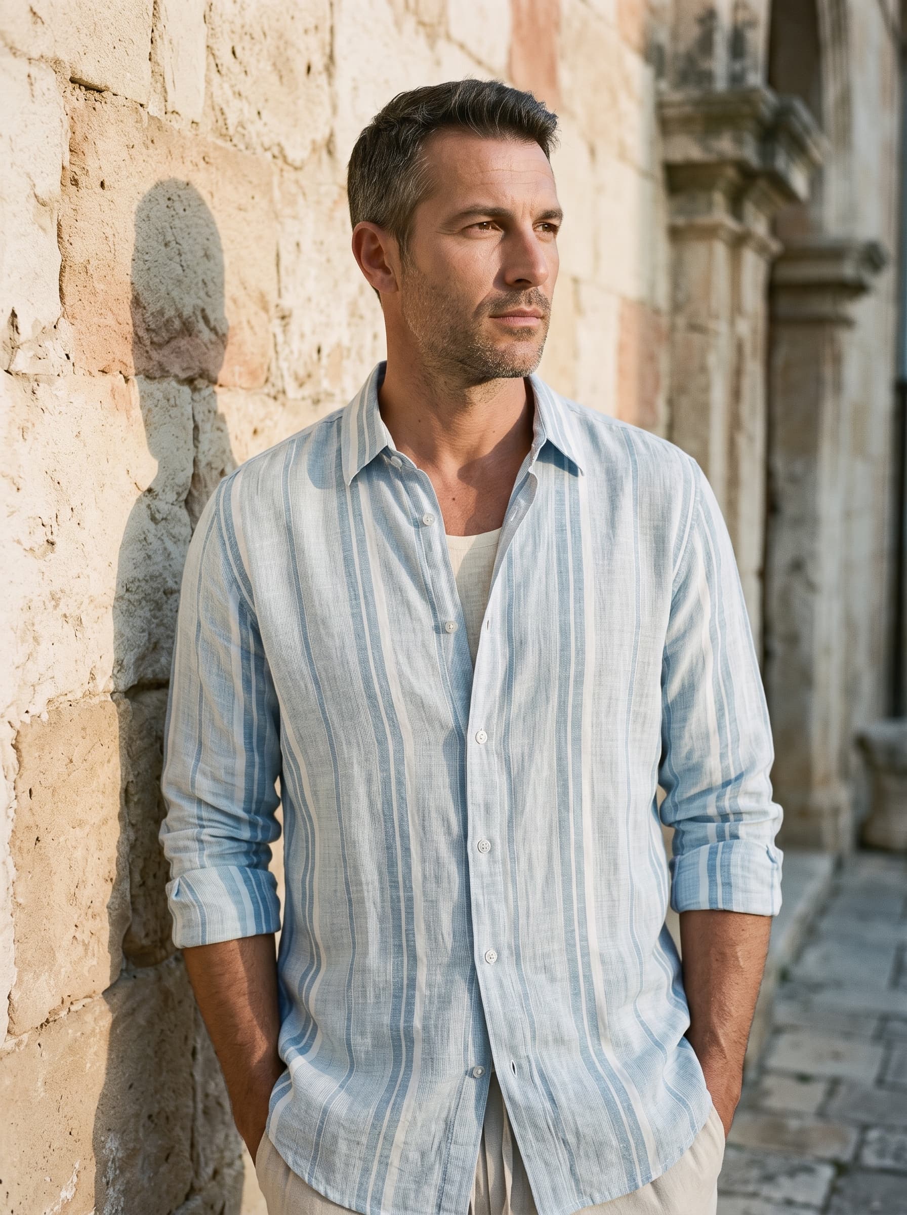 Uomo con camicia a righe azzurre in lino